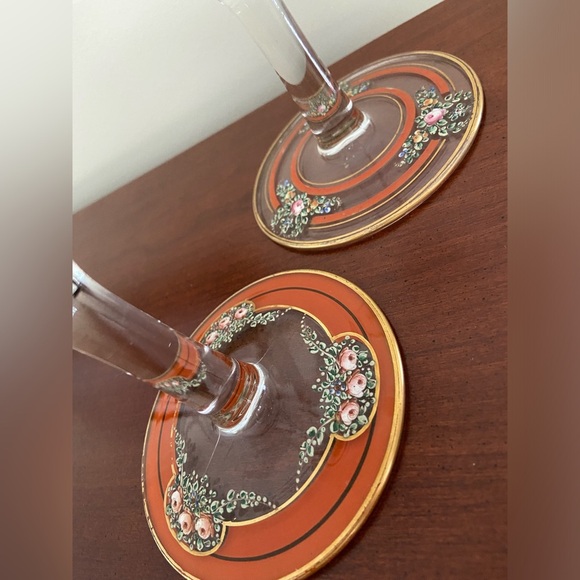 Vintage Set of 2 Candlesticks Clear w/ Hand painted Orange, Gold & Flowers - Picture 11 of 16
